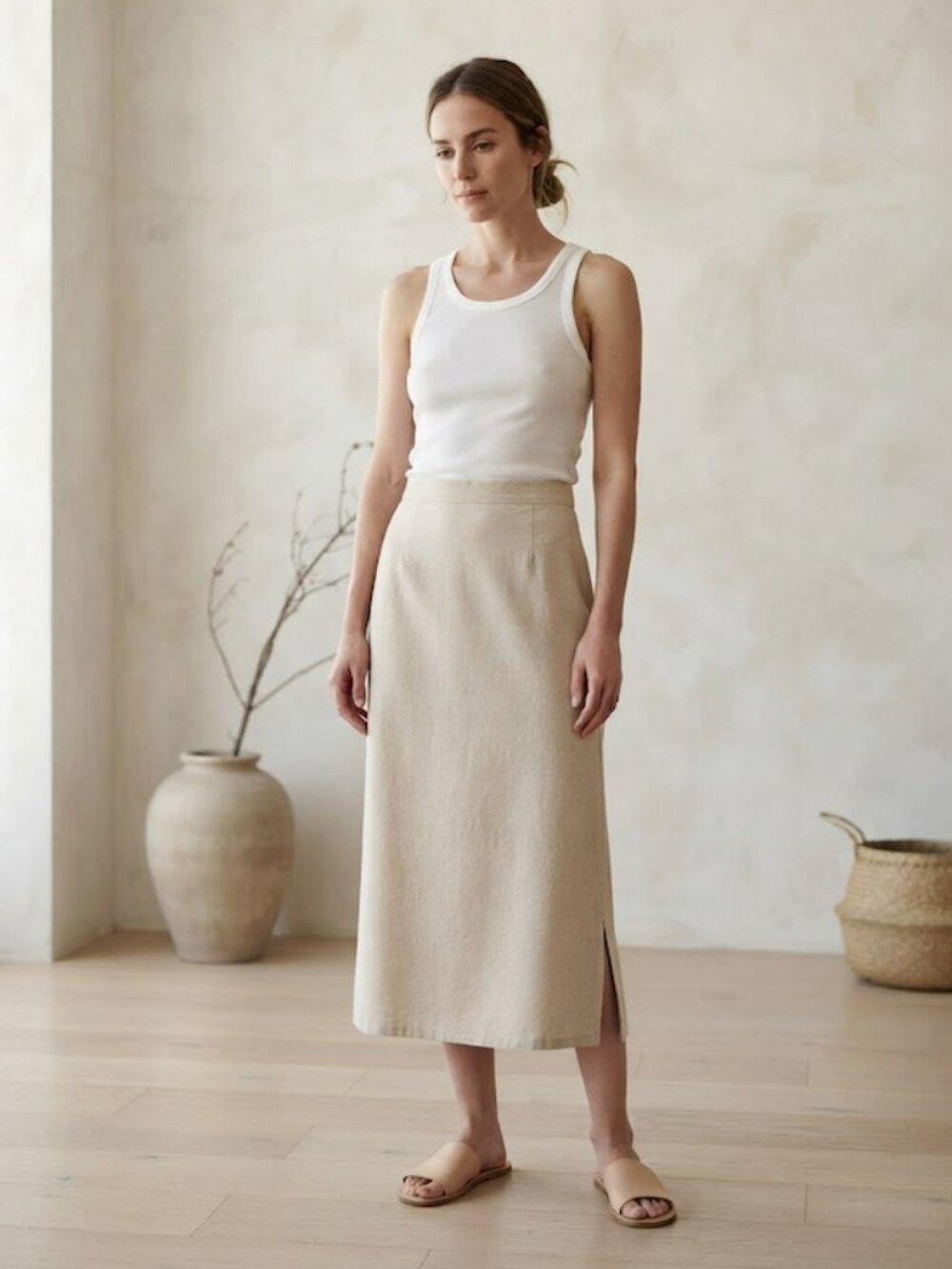 Old Navy Mid-Rise Linen-Blend Midi Skirt Neutral Beige Size Large